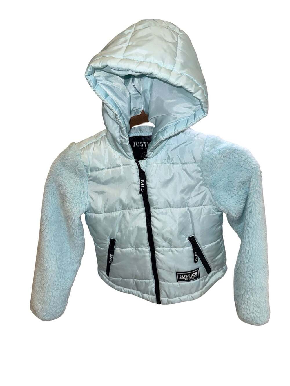 Justice Aqua Breeze Fuzzy Fleece Sleeve Puffer Jacket size XS 5-6